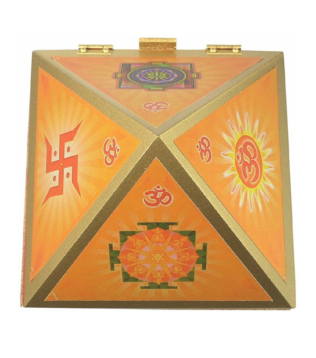 Vastu Wooden Pyramid Wish Cash Box, Reiki Box with Yantra Stickers