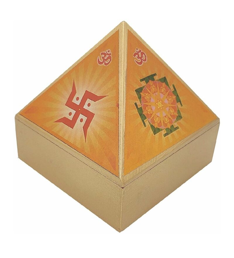 Vastu Wooden Pyramid Wish Cash Box, Reiki Box with Yantra Stickers (Size: 4-Inches, Fengshui Remedies for Home, Office & Temple) & Get Free One Saubhagya Laxmi Ganesh Sampurn MahaYantra In Brass - Image 2